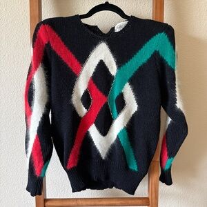 Vintage 1980s Geometric Patterned Sweater - Black, Red, Green